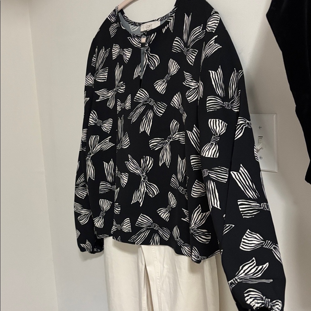 LOFT Black Blouse with White Bow Print